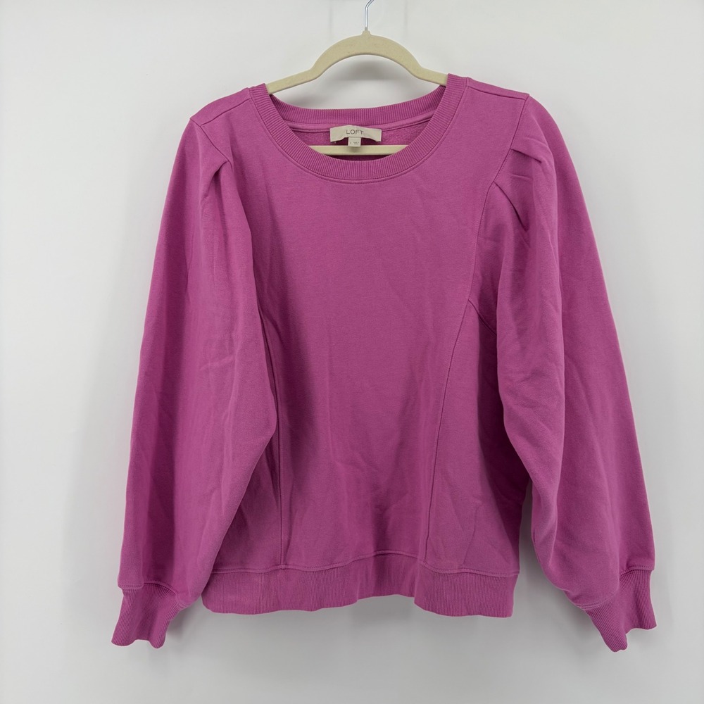 LOFT Women Large Magenta Pink Sweatshirt Puff Shoulder Pleat Sleeve Pullover